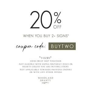 May include: White background with the text "20% OFF" in large black font. Below, it reads "WHEN YOU BUY 2+ SIGNS" and "coupon code: BUYTWO". Additional text details terms and conditions, and the Woodland Shanty logo.