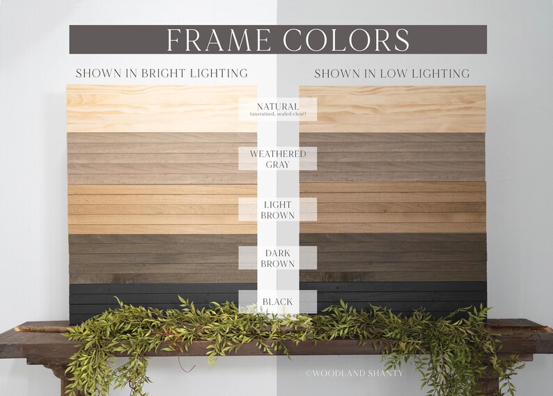 May include: Image showcasing frame color options, including Natural, Weathered Gray, Light Brown, Dark Brown, and Black. The text "FRAME COLORS" is at the top. The colors are shown in bright and low lighting conditions. A decorative green plant is at the bottom.