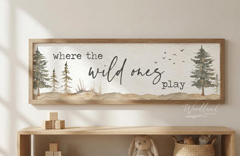 Where the Wild Ones Play Framed Sign, Woodland Playroom Wall Decor, Boys Adventure Room Art immagine 1