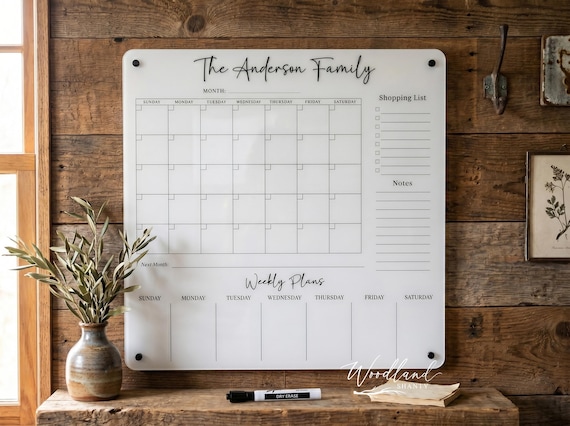 Personalized Square Acrylic Dry Erase Wall Calendar, Square Calendar, Family Organizer, Month Week Shopping List and Notes Section