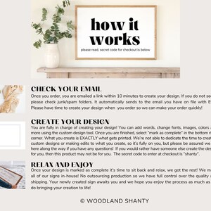 May include: A framed sign with the words "how it works" in bold black letters. Below, smaller text reads "please read, secret code for checkout is below." The sign sits on a wooden shelf with a vase and greenery.