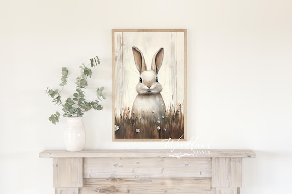 Framed Vintage Rabbit Spring Wall Art Sign, Contemporary Modern Rustic Spring Decor, Vintage Oil Painting Bunny Spring Easter Mantle Decor