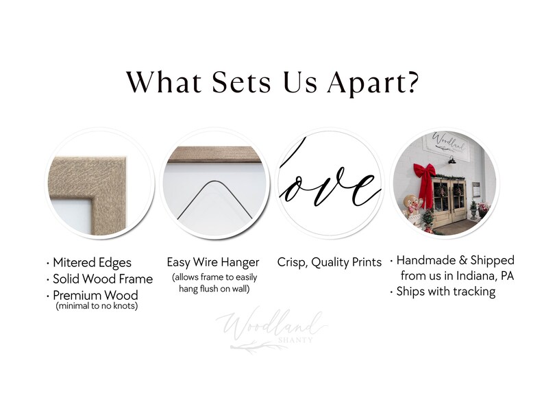 Puede incluir: Una imagen con el texto "What Sets Us Apart?" y cuatro im&aacute;genes circulares. Los c&iacute;rculos muestran bordes ingleteados, un colgador de alambre f&aacute;cil, la palabra "love" y un escaparate con un lazo rojo.