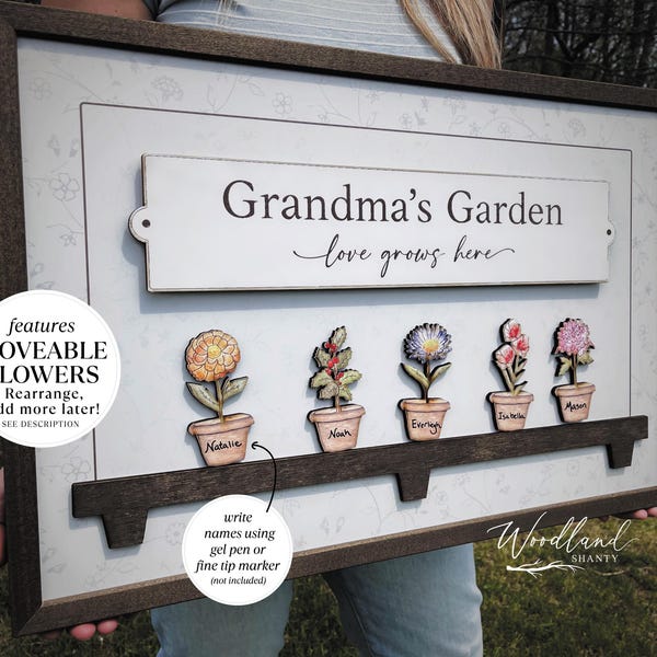 Framed Movable Birth Month Flowers Sign, Grandma's Mom's Flower Garden Sign, Mother's Day Gift, Grandkids Names Repositionable