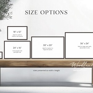 May include: Image showing framed art size options: 30.5cm x 20.3cm, 45.7cm x 30.5cm, 61cm x 40.6cm, 76.2cm x 50.8cm, and 91.4cm x 61cm. Each frame is black with white space inside. The text "SIZE OPTIONS" is at the top. The frames are displayed on a wooden bench.