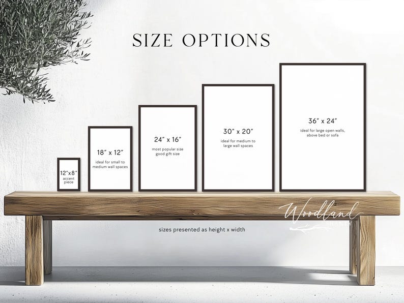 Puede incluir: Cinco impresiones art&iacute;sticas enmarcadas de varios tama&ntilde;os, desde 30x20 cm hasta 91x61 cm, se exhiben en un banco de madera. El texto "SIZE OPTIONS" est&aacute; en la parte superior. Los tama&ntilde;os se presentan como altura x anchura.