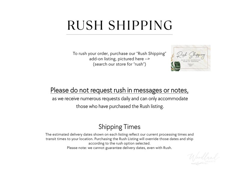 Puede incluir: Fondo blanco con el texto "RUSH SHIPPING" en negrita, en negro. El texto explica c&oacute;mo acelerar un pedido e incluye un peque&ntilde;o gr&aacute;fico de un complemento "Rush Shipping". Texto adicional detalla los tiempos de env&iacute;o.