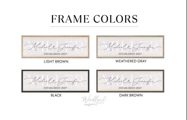 May include: Four rectangular wall signs with white backgrounds and black text reading MILLER, Michael & Jennifer, and ESTABLISHED 2027. The frames come in light brown, weathered gray, black, and dark brown finishes with the text FRAME COLORS.