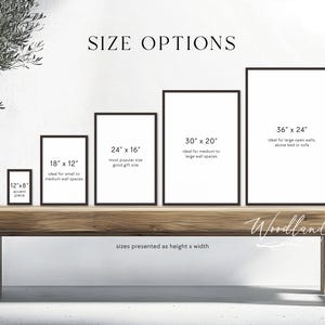 May include: Five framed art prints of varying sizes, displayed on a wooden bench. The sizes are 12"x8", 18"x12", 24"x16", 30"x20", and 36"x24". Text indicates ideal placement for each size, such as "accent piece" or "large open walls."