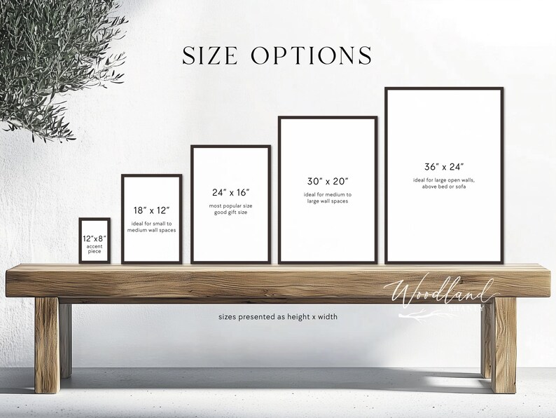 May include: Five framed art prints of varying sizes, displayed on a wooden bench. The sizes are 12"x8", 18"x12", 24"x16", 30"x20", and 36"x24". Text indicates ideal placement for each size, such as "accent piece" or "large open walls."
