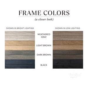 Puede incluir: Imagen que muestra opciones de color de marco: gris envejecido, marr&oacute;n claro, marr&oacute;n oscuro y negro. El texto "FRAME COLORS (a closer look)" est&aacute; en la parte superior. Los colores se muestran con iluminaci&oacute;n brillante y baja.
