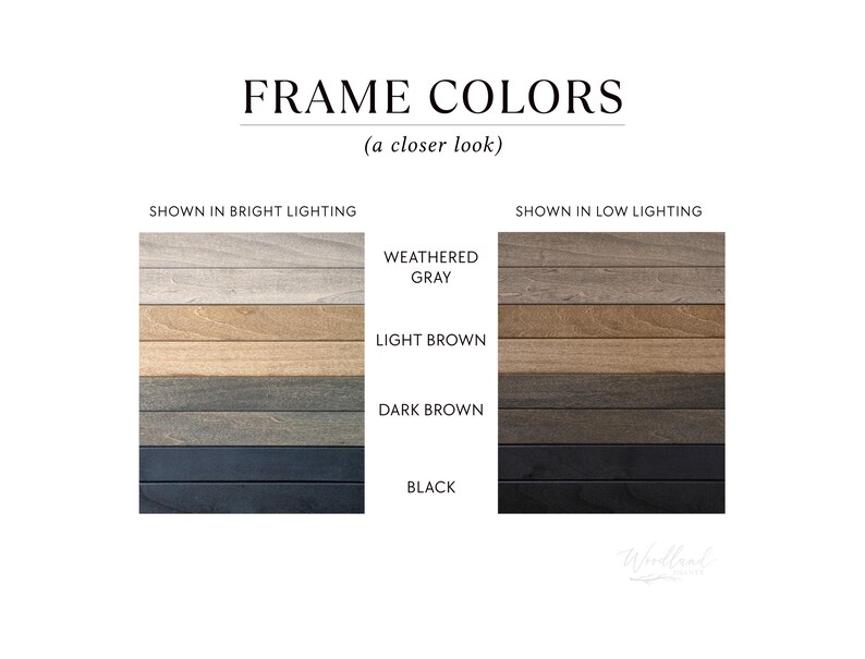 Puede incluir: Imagen que muestra opciones de color de marco: gris envejecido, marr&oacute;n claro, marr&oacute;n oscuro y negro. El texto "FRAME COLORS (a closer look)" est&aacute; en la parte superior. Los colores se muestran con iluminaci&oacute;n brillante y baja.