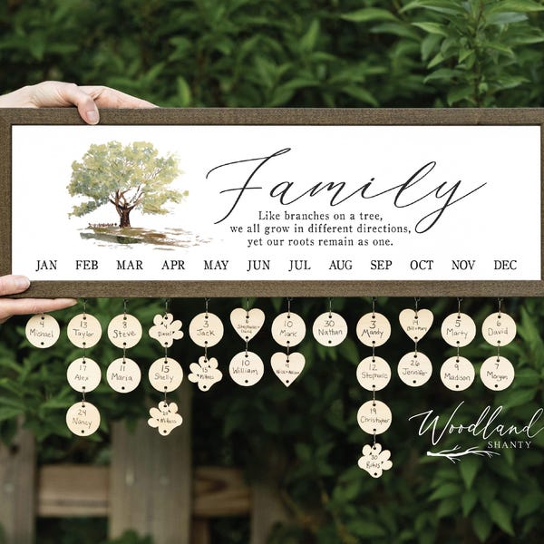 Tableau d'anniversaire familial, Panneau d'anniversaire familial | signe d'arbre généalogique | Calendrier d'anniversaire familial | Calendrier familial en bois comme des branches sur un arbre