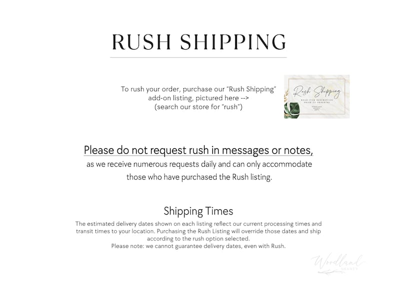 May include: White background with the text "RUSH SHIPPING" in a bold, black font. The text explains how to expedite an order and provides information about shipping times. A small graphic of a card with the words "Rush Shipping" is also included.