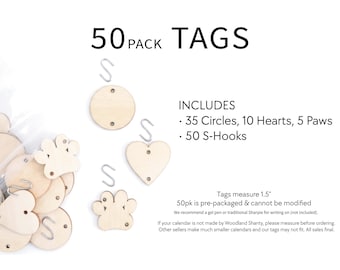 50 Pack  1.5” Birthday Calendar Tags with S Hooks, Includes 35 circles, 10 hearts and 5 paw prints for dog cat, Birthday Calendar Tags
