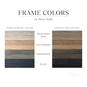 May include: Image showing frame color options: weathered gray, light brown, dark brown, and black. The text "FRAME COLORS (a closer look)" is at the top. The colors are shown in bright and low lighting.