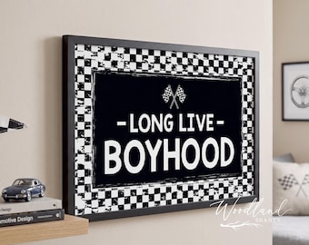 Long Live Boyhood Framed Sign, Checkered Car Themed Boys Room Decor