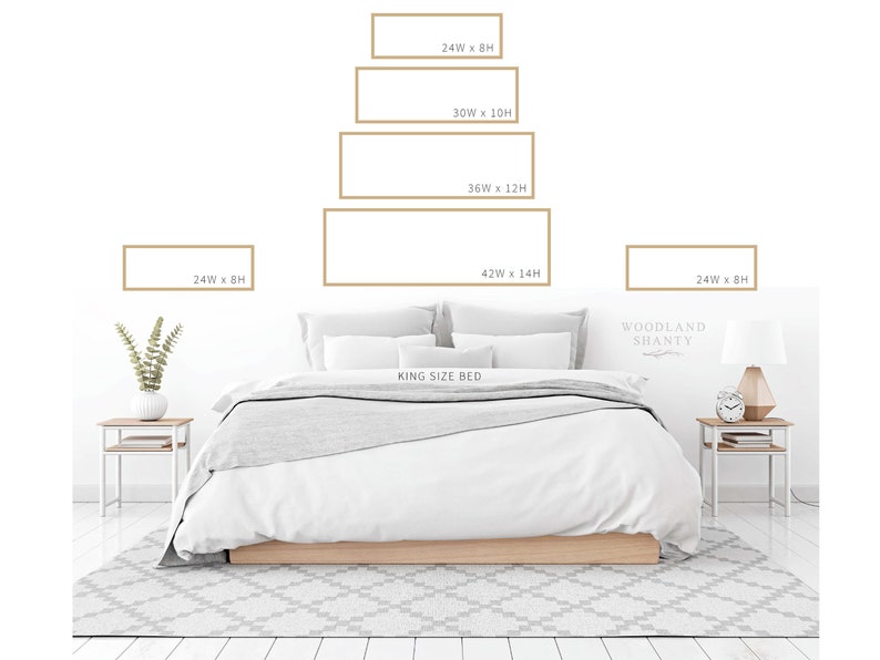 May include: A mockup of a king-size bed with a white duvet and pillows. Above the bed are five framed prints in a graduated size, with the largest print measuring 106.7 cm wide by 35.6 cm high. The smallest print measures 61 cm wide by 20.3 cm high. The text "WOODLAND SHANTY" is visible in the bottom right corner of the image.