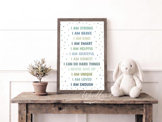 Affirmations Wall Art, Positive Thoughts Sign, Boy Affirmations Sign, Boy Bedroom Decor, I Am Strong, I Am Brave, Baby Shower Gift for Boy