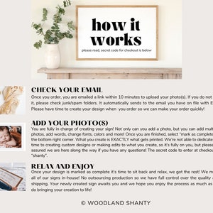 Puede incluir: Un cartel enmarcado en blanco con texto negro que dice "how it works" y "please read, secret code for checkout is below". El cartel est&aacute; colgado en una pared con un estante de madera debajo. El texto debajo del cartel explica el proceso de creaci&oacute;n de un cartel personalizado, incluyendo la carga de fotos, la adici&oacute;n de texto y la elecci&oacute;n de fuentes y colores. El texto tambi&eacute;n menciona que el cliente es el &uacute;nico responsable de la creaci&oacute;n del cartel y que el c&oacute;digo secreto para ingresar al finalizar la compra es "shanty".