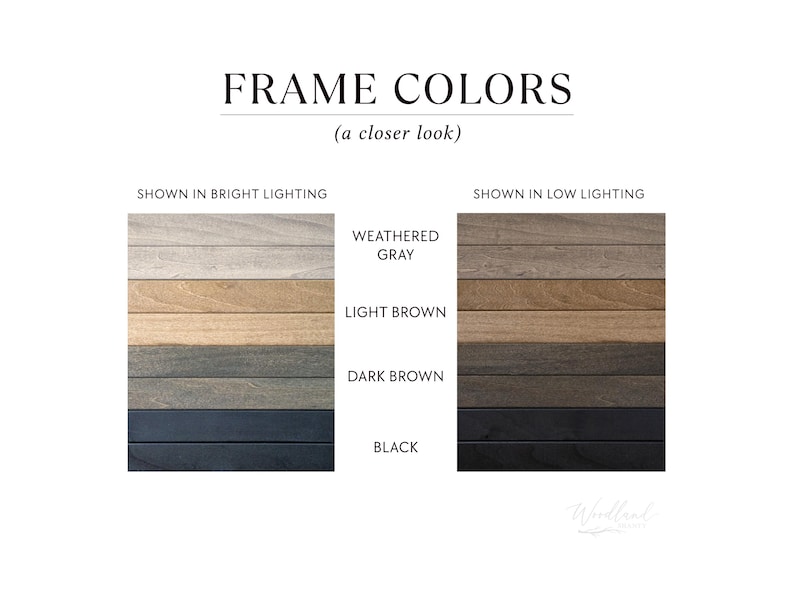 May include: Image showing frame color options: weathered gray, light brown, dark brown, and black. The text "FRAME COLORS (a closer look)" is at the top. The colors are shown in bright and low lighting.
