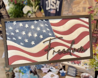 Framed Wood 3D American Flag Freedom Sign, Americana USA Wall Art 24”w x 12”h