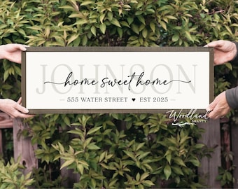 Letrero personalizado enmarcado con apellido, decoración de pared con dirección personalizada y año de fundación de "Hogar dulce hogar", regalo de inauguración para nuevos compradores de vivienda.