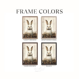 May include: The image displays framed art prints featuring a watercolor illustration of a rabbit. The frames are available in light brown, weathered gray, dark brown, and black. The text "FRAME COLORS" is at the top.