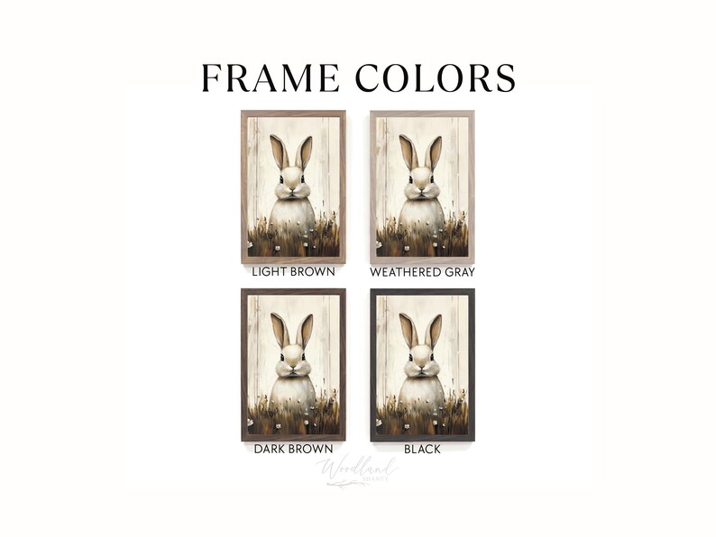 May include: The image displays framed art prints featuring a watercolor illustration of a rabbit. The frames are available in light brown, weathered gray, dark brown, and black. The text "FRAME COLORS" is at the top.