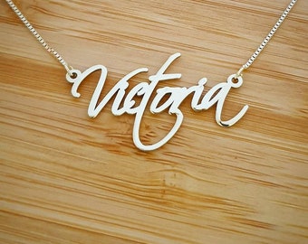 Name Necklace Sterling Silver 925 Victoria Style Script Healing Survivor ribbon