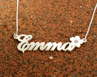 Custom Silver Name Necklace Birthday Gift Birthstone Flower accent Emma Pendant