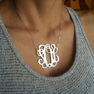 Large Monogram Necklace Extra Large Initial Pendant Solid Sterling Silver 925
