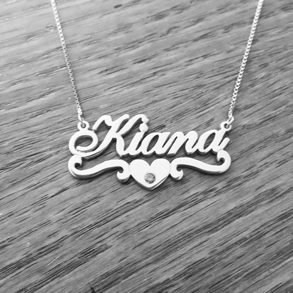 Silver Name Necklace Little Girl Silver Name Necklace Child Personalized Jewelry Heart Birthstone Design Pendant