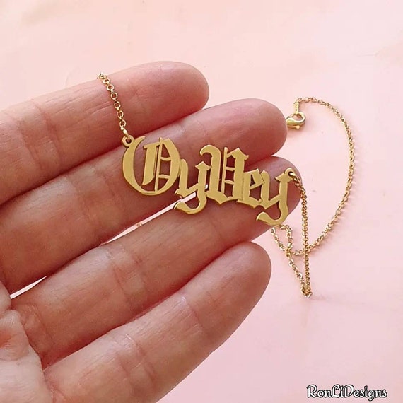 Gold name necklace old english sale