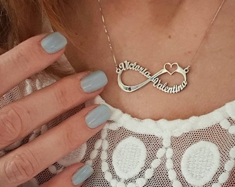 Personalized Infinity Name Necklace Solid Real 14k White Gold Birthstone