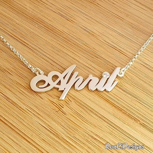 Silver Name Tag Necklace CZ Birthstone Diamond Accent Solid Sterling Silver 925 Handmade