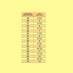 May include: A light yellow rectangular chart displaying a ring size conversion table. The table features two columns labeled EUROPEAN RING SIZE (MM) and USA RING SIZE, listing numerical values ranging from 48 to 70 and 4 1/2 to 13 respectively.