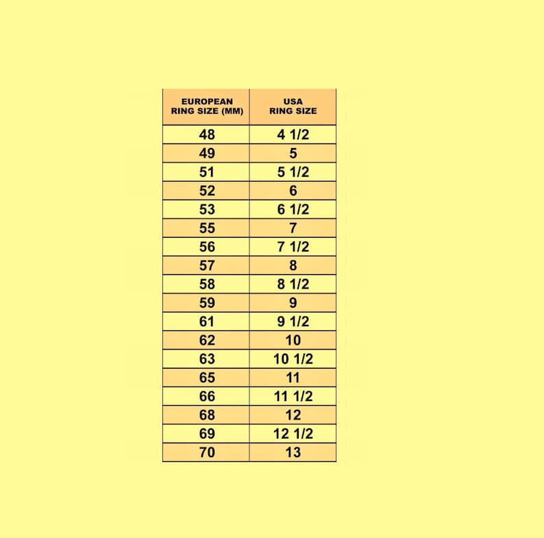May include: A light yellow rectangular chart displaying a ring size conversion table. The table features two columns labeled EUROPEAN RING SIZE (MM) and USA RING SIZE, listing numerical values ranging from 48 to 70 and 4 1/2 to 13 respectively.