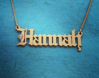 Old English Solid 14k Gold Name Pendant Charm and Chain 14k Yellow Gold Gothic Font