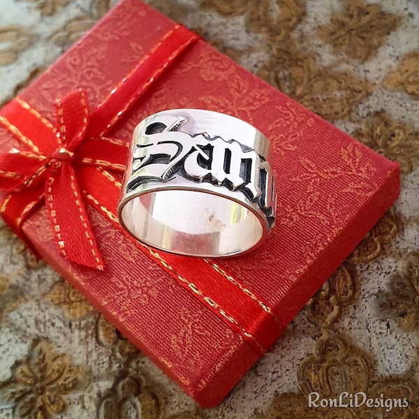 Men's Ring Wide Name Ring for a Man Personalized Custom Made EXTRA Wide Silver Band Old English Gothic Style