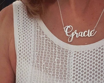 25mm Large Script Name Necklace: Sterling Silver Custom Nameplate