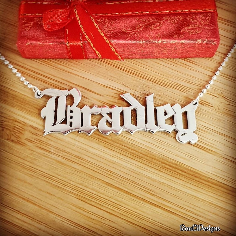 Large Nameplate Big Old English Name Necklace Sterling Silver Etsy