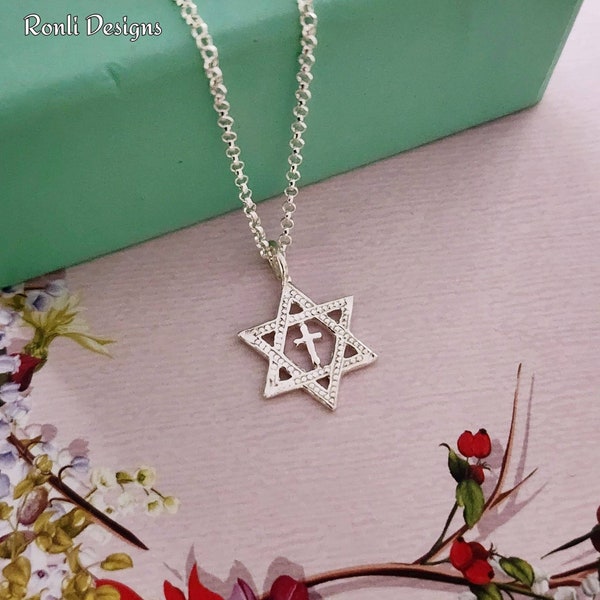 Small Sterling Silver Star of David Cross Pendant Necklace