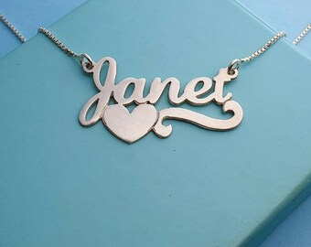 Name Tag Necklace Sterling Silver Heart 
