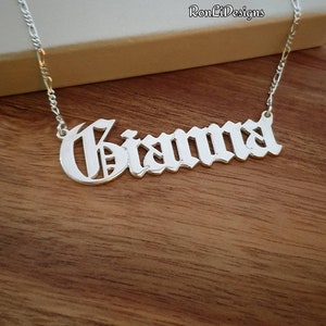 Old English Name Necklace Sterling Silver or 18k Gold Plated Gianna Style Name Plate and chain Gothic