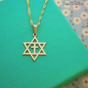 14k Gold Star of David with Cross Pendant