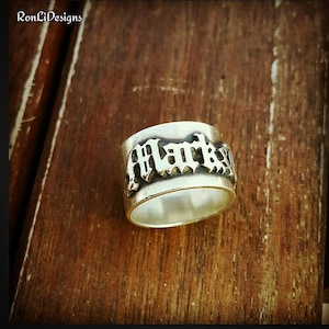 Personalized Name Ring: Gothic Old English Sterling Silver Biker Band