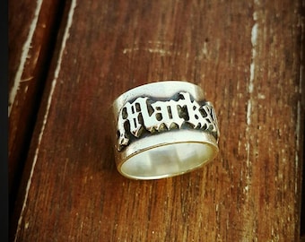 Personalized Name Ring: Gothic Old English Sterling Silver 12mm Biker Band