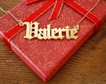 Gothic Style Name Necklace Solid 14k Gold • Old English Valerie Design