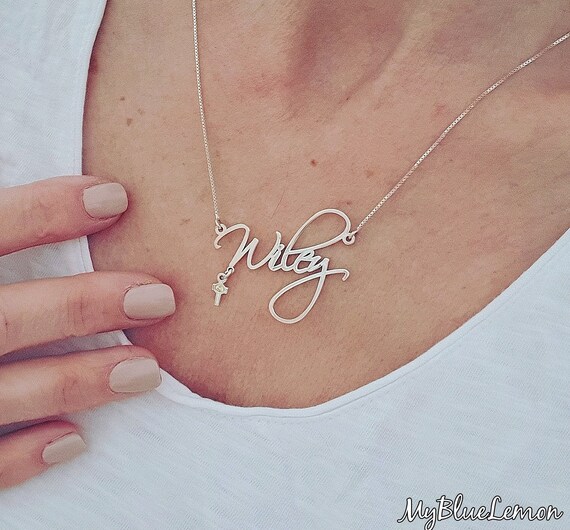Name Necklace With Cross Charm Genuine Swarovski Crystal Birthstones Etsy